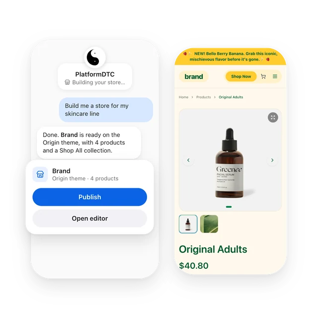 The agent builds a store from one line, next to the store's product page.